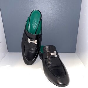 Hermes Black Leather Loafers with Silver H Detail